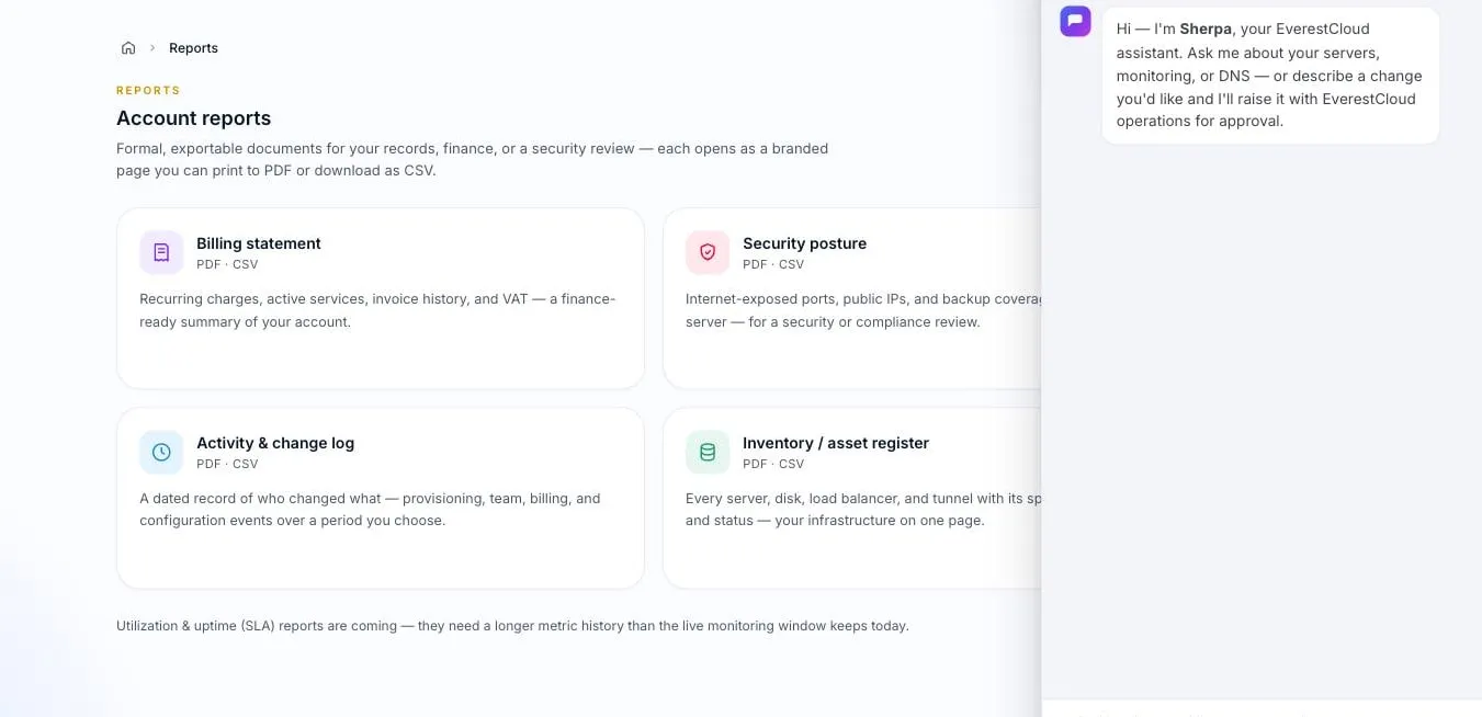 The account reports page with the AI assistant's chat drawer open beside it