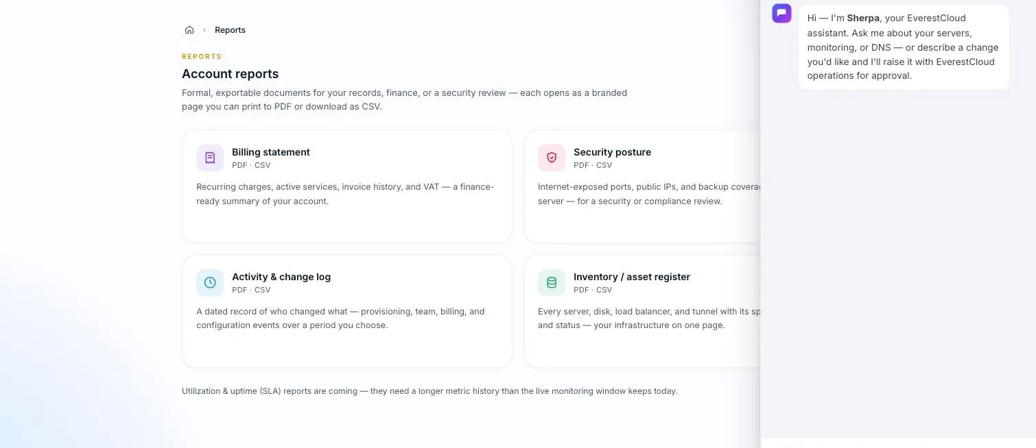 The account reports page with the AI assistant's chat drawer open beside it