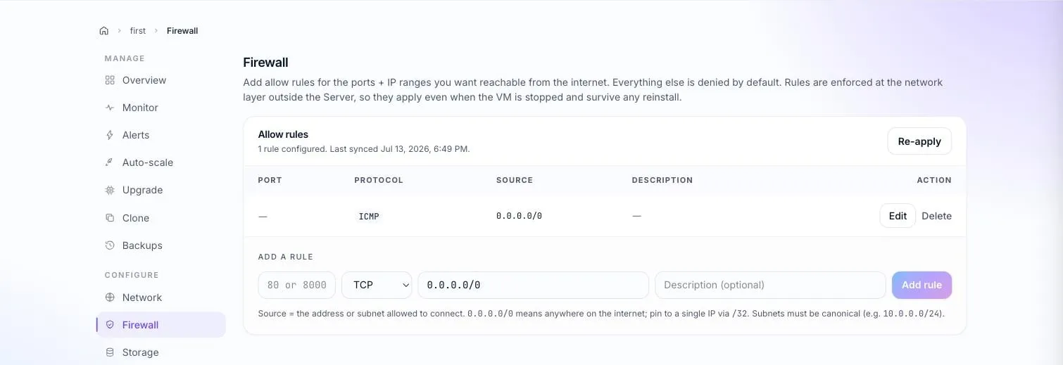 The per-server firewall with one allow rule and the form to add another