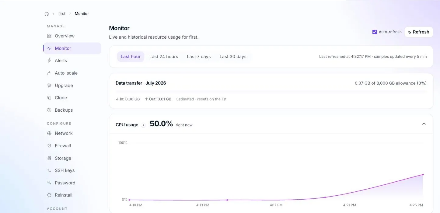 Live monitoring for one cloud server: the month's data transfer and a CPU usage chart