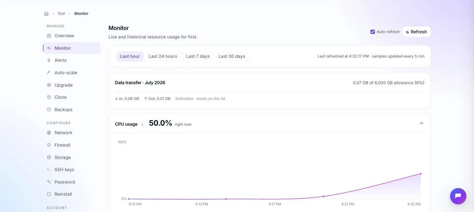 Live monitoring for one server: data transfer and a CPU usage chart