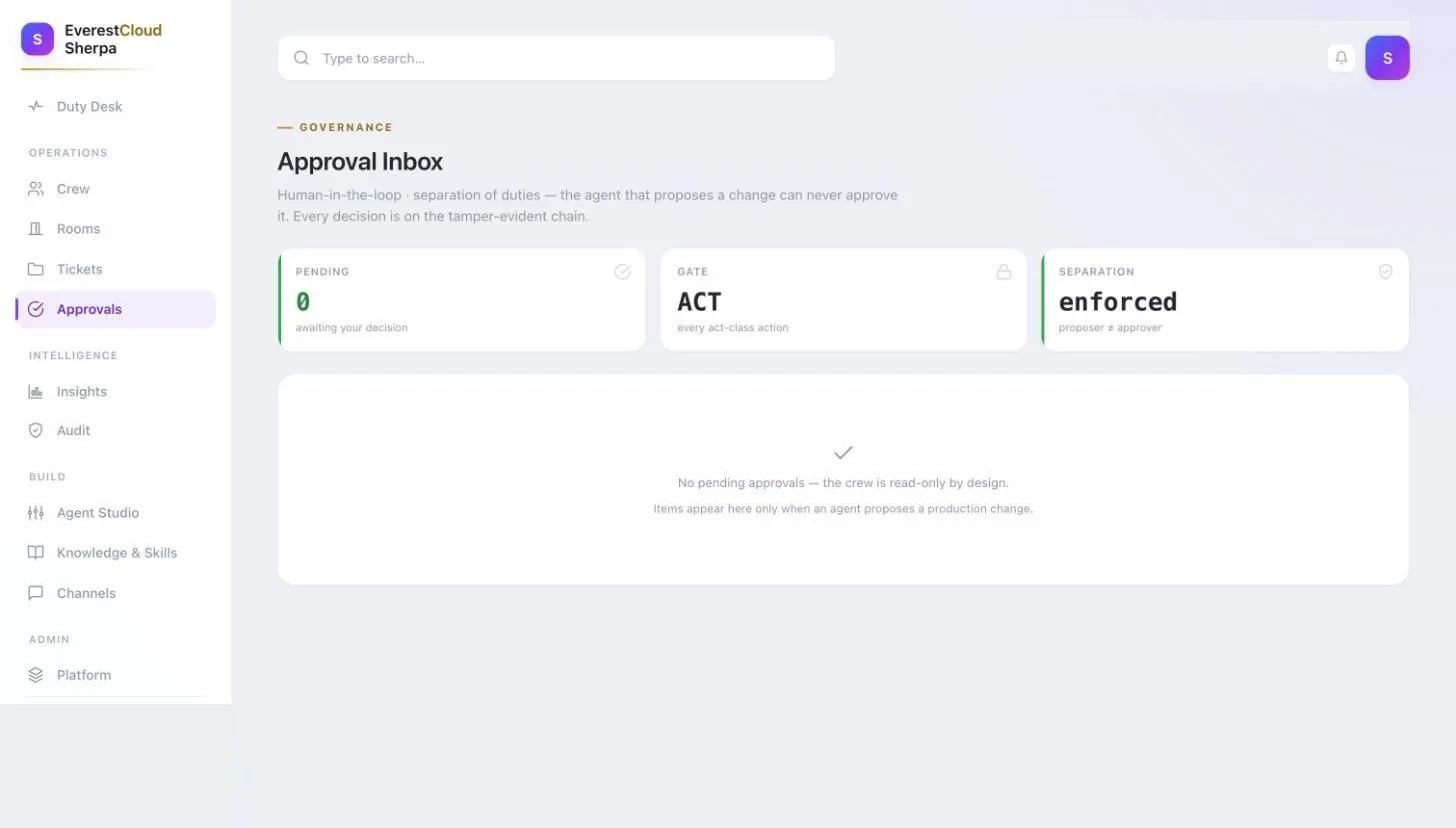 The approval inbox, showing the act gate, enforced separation of duties and no pending approvals